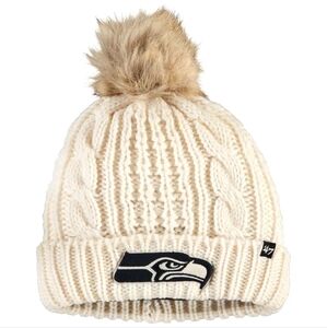Seattle Seahawks Womens Hat '47 Meeko Cable Knit Faux Fur Pom Embroidered New